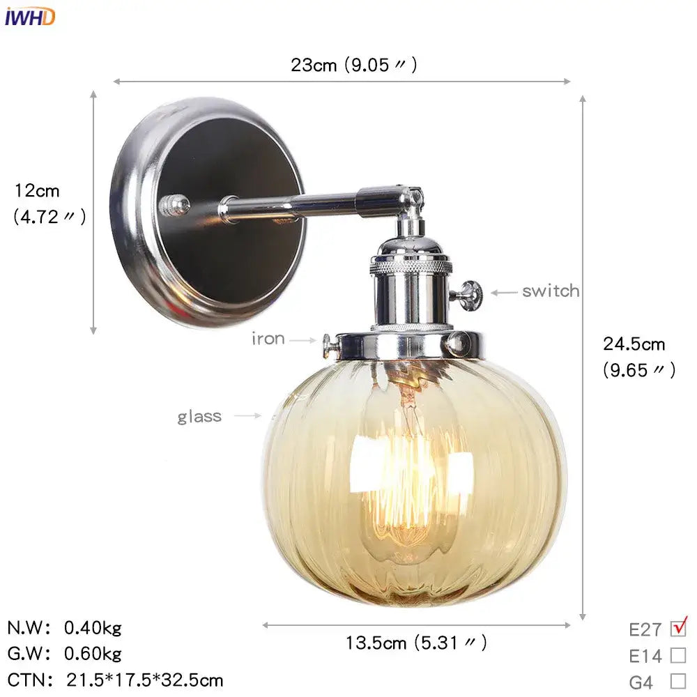 Modern chrome and amber glass ball wall light bedroom sconce