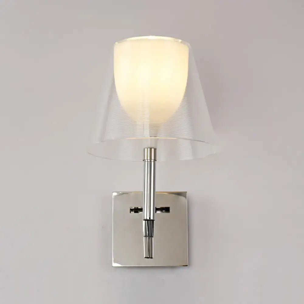 Modern chrome and white glass flared wall sconce living room light