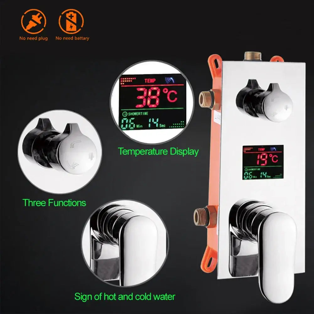 Modern chrome big rainfall shower faucet with digital display bathroom