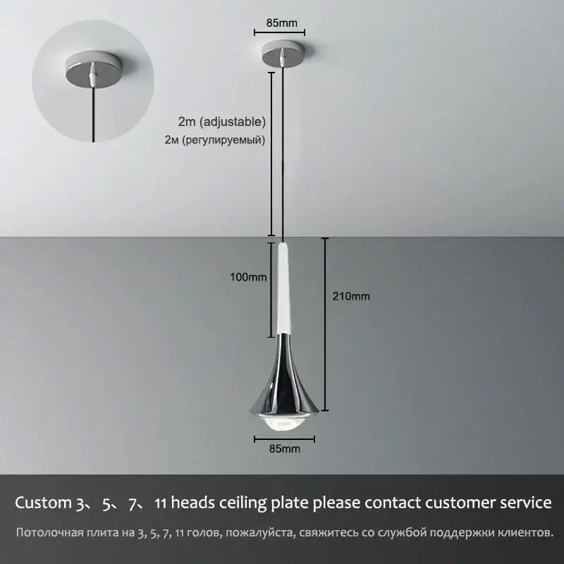 Modern chrome conical led rain pendant lamp bedroom light