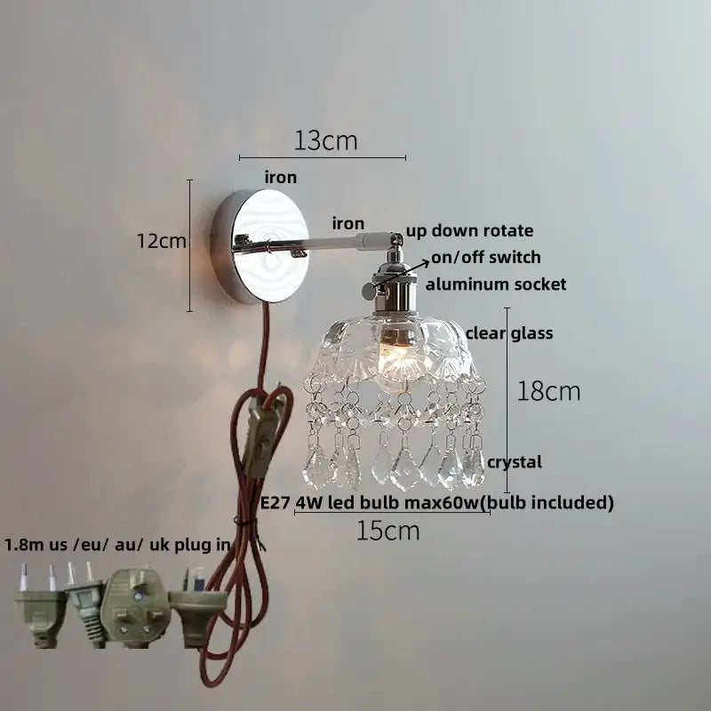 Modern chrome crystal led wall light bedroom sconce