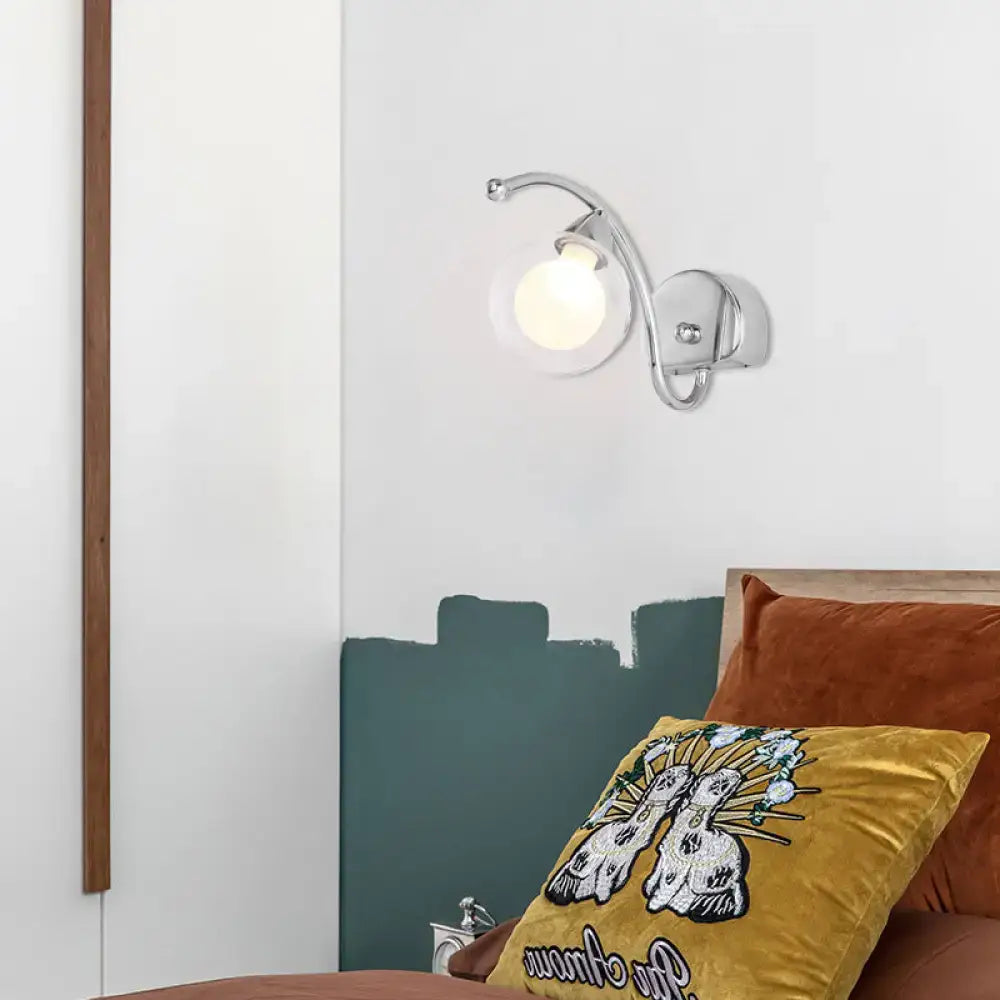 Modern chrome curved arm wall lamp bedroom glass sconce