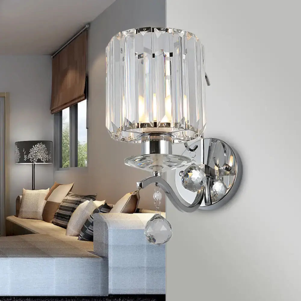 Modern chrome cylinder clear crystal wall light fixture bedroom
