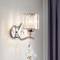 Modern chrome cylinder wall light with crystal block bedroom sconce