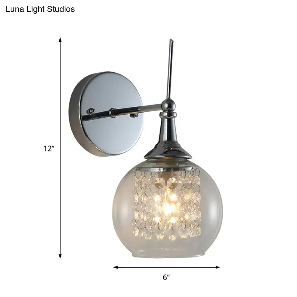 Modern chrome finish wall lamp with crystal inner glass bedroom light
