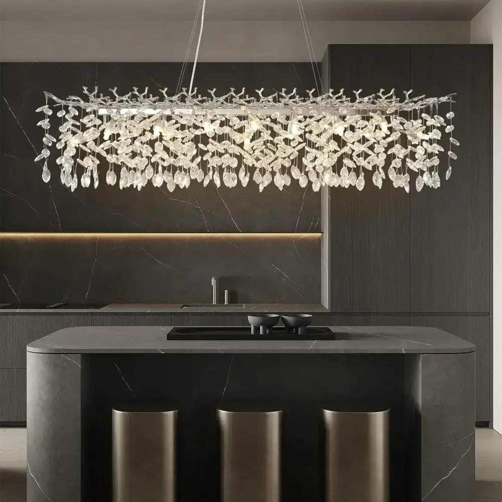 Modern chrome rectangular crystal branch chandelier dining room