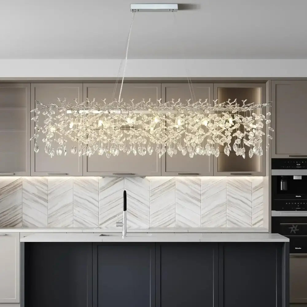 Modern chrome rectangular crystal branch chandelier dining room