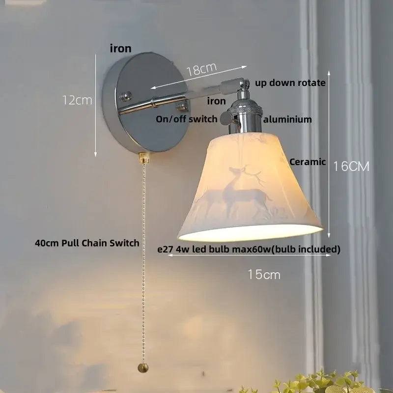 Modern chrome ribbed clear glass wall lamp bedroom pull chain light