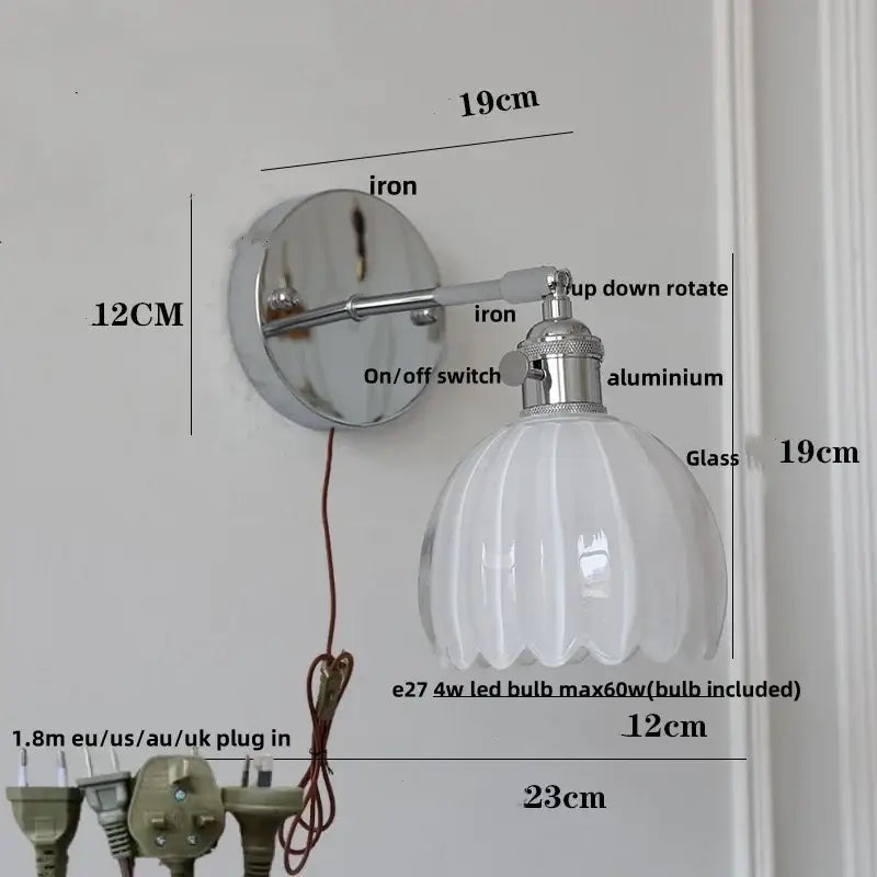 Modern chrome ribbed clear glass wall lamp bedroom pull chain light