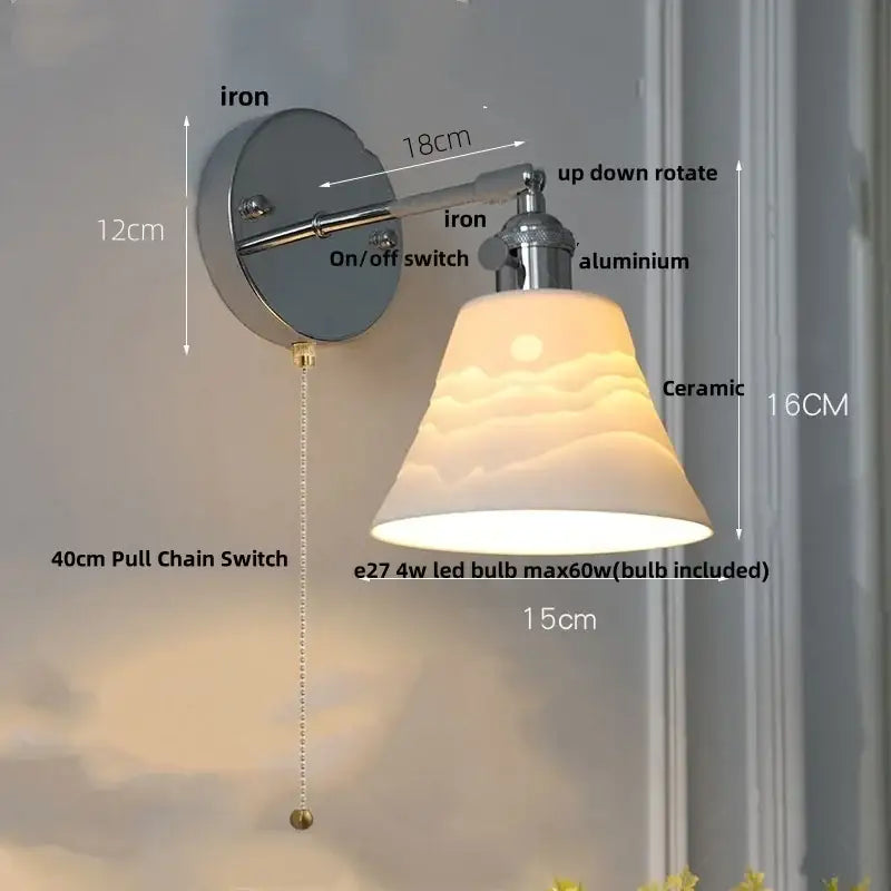 Modern chrome ribbed clear glass wall lamp bedroom pull chain light