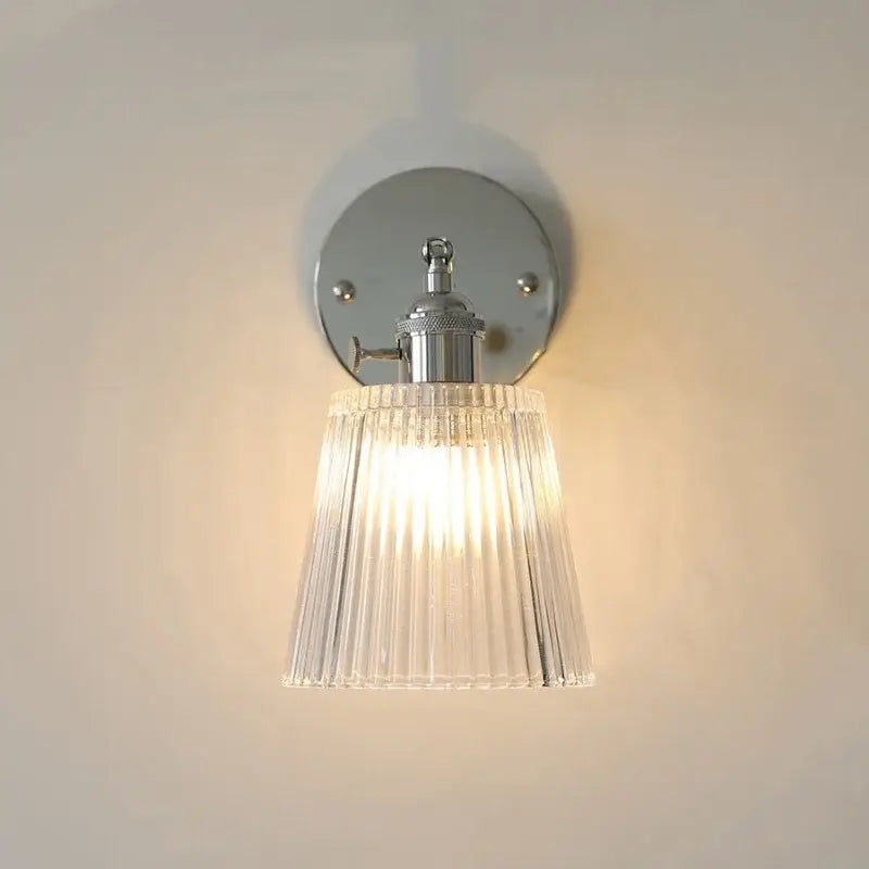 Modern chrome ribbed clear glass wall lamp bedroom pull chain light