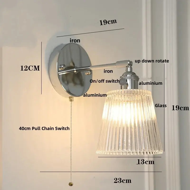 Modern chrome ribbed clear glass wall lamp bedroom pull chain light