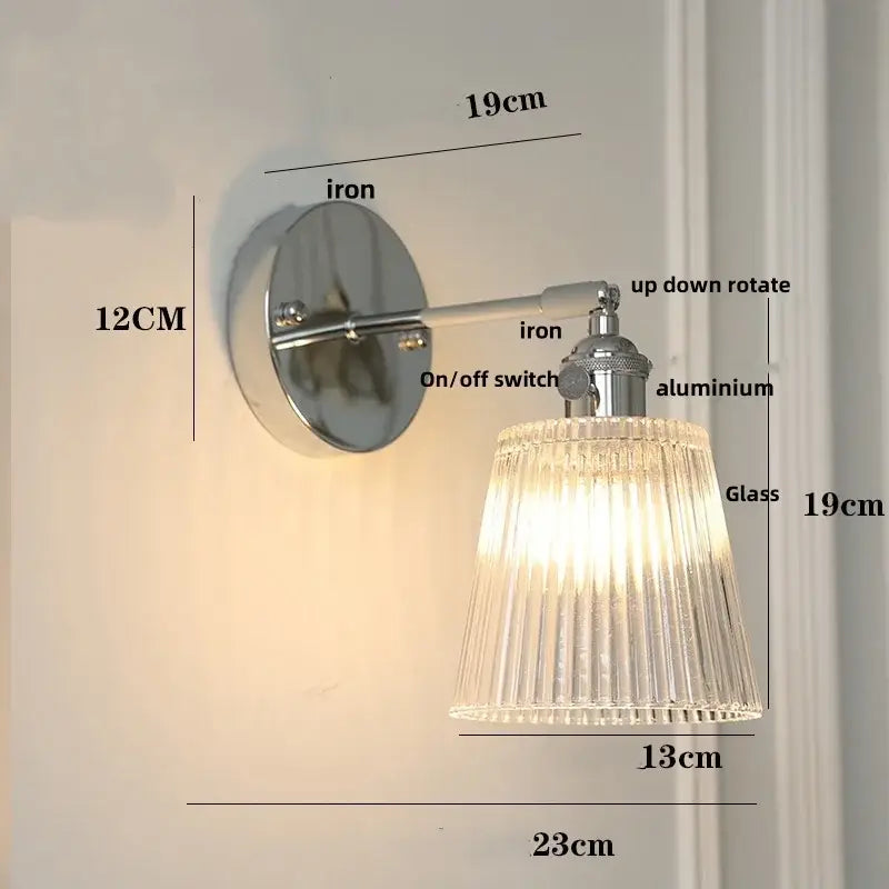 Modern chrome ribbed clear glass wall lamp dining room pull chain