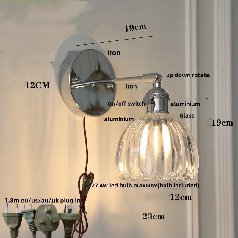 Modern chrome ribbed clear glass wall lamp dining room pull chain