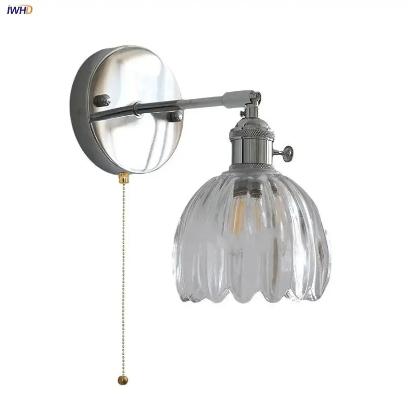 Modern chrome ribbed clear glass wall lamp dining room pull chain
