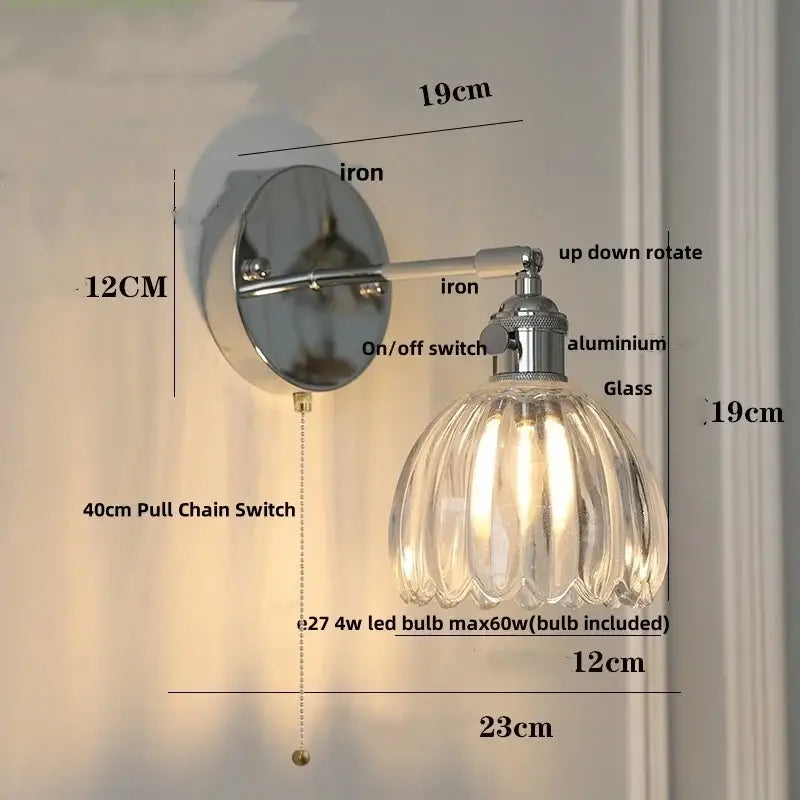 Modern chrome ribbed clear glass wall lamp dining room pull chain
