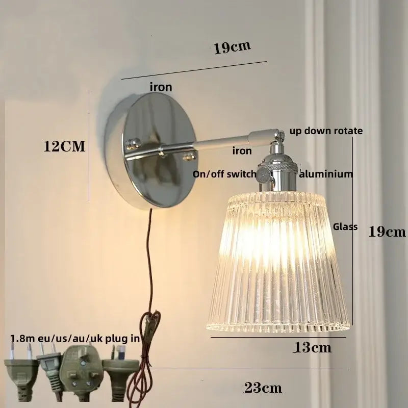 Modern chrome ribbed clear glass wall lamp dining room pull chain