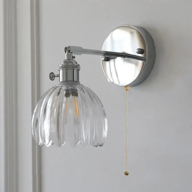 Modern chrome ribbed clear glass wall lamp dining room pull chain