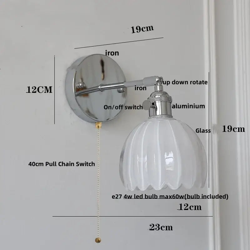 Modern chrome ribbed clear glass wall lamp dining room pull chain
