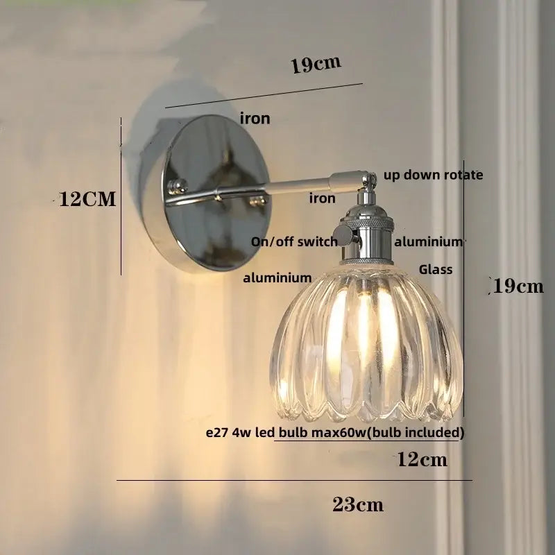 Modern chrome ribbed clear glass wall lamp dining room pull chain
