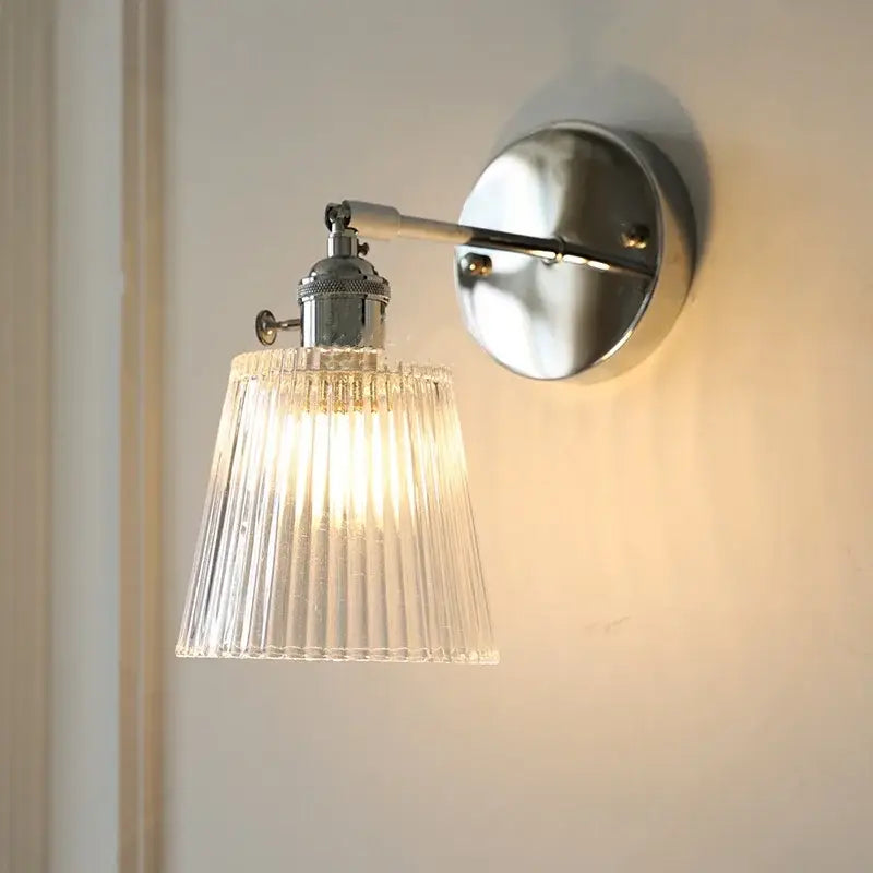 Modern chrome ribbed clear glass wall lamp dining room pull chain