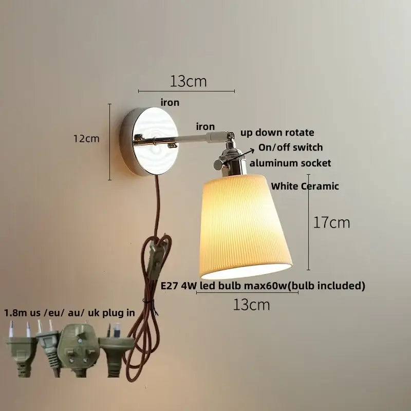 Modern chrome wall light with perforated fabric shade for bedroom