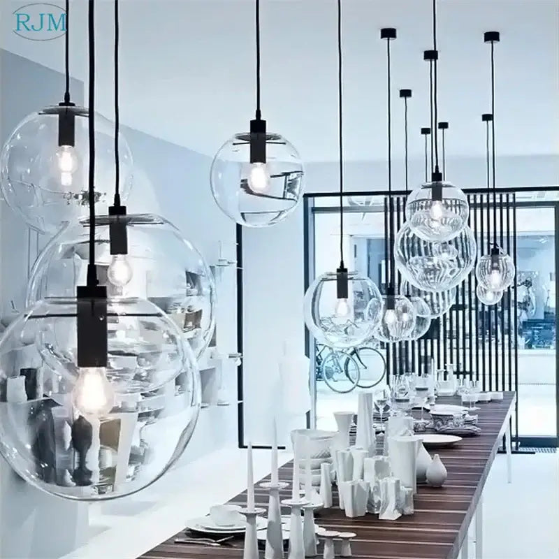 Modern clear bubble glass ball pendant light kitchen black metal fixtures