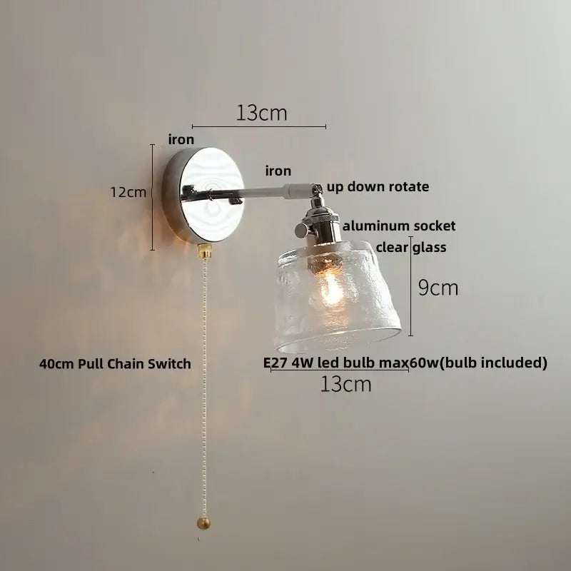 Modern clear glass led wall lamp bedroom pull chain crystal light