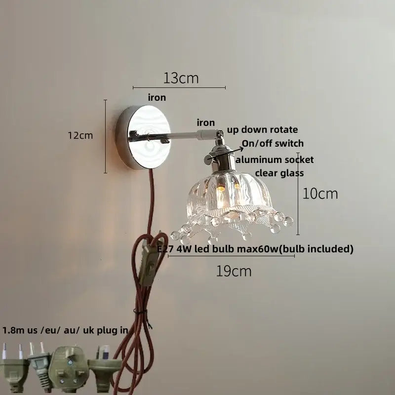 Modern clear glass led wall lamp bedroom pull chain crystal light