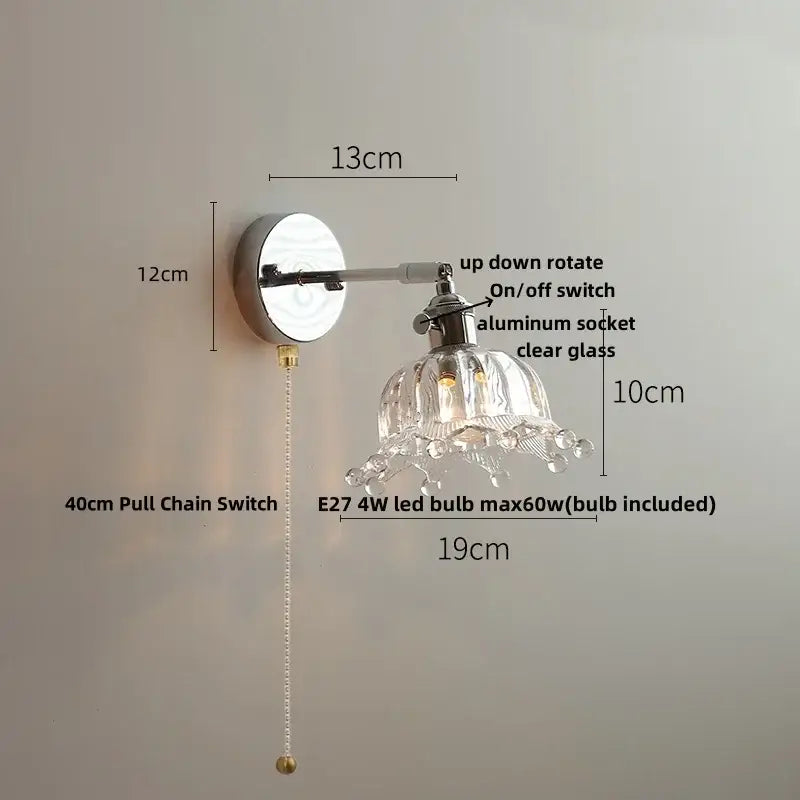 Modern clear glass led wall lamp bedroom pull chain crystal light