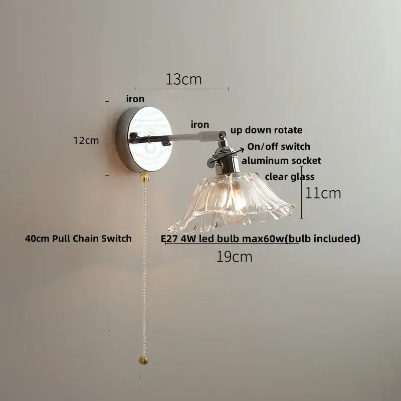 Modern clear glass led wall lamp bedroom pull chain crystal light