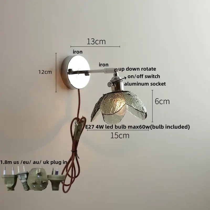 Modern clear glass led wall lamp bedroom pull chain crystal light