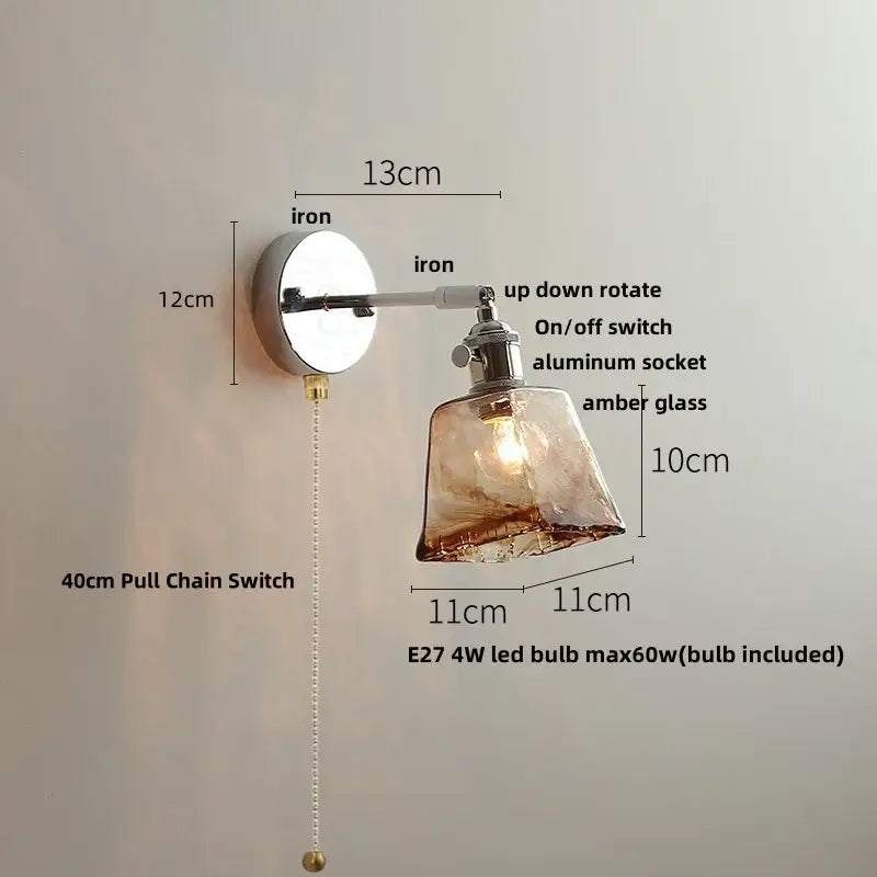Modern clear glass led wall lamp bedroom pull chain crystal light