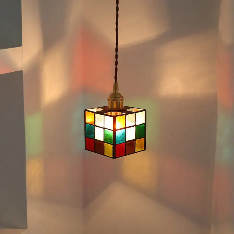 Modern colorful led glass cube pendant light kitchen brass fixture