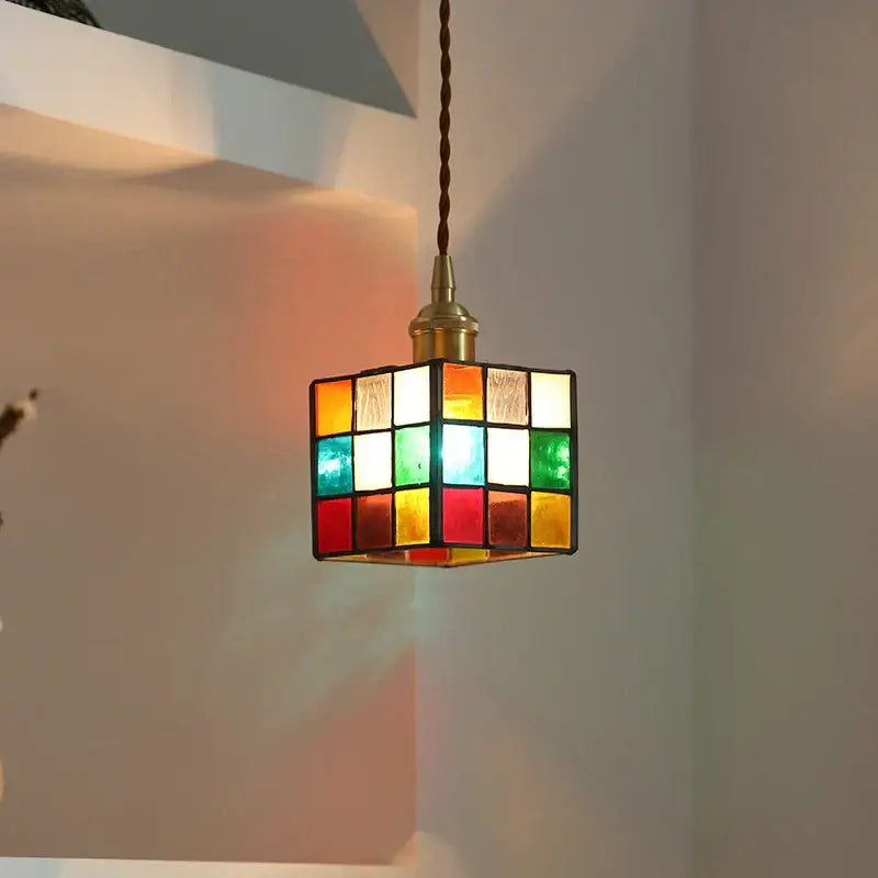 Modern colorful led glass cube pendant light kitchen brass fixture