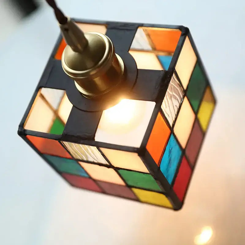 Modern colorful led glass cube pendant light kitchen brass fixture