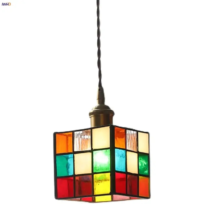 Modern colorful led glass cube pendant light kitchen brass fixture