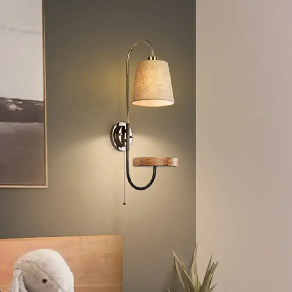 Modern conical fabric wall mount lamp with wood shelf bedroom light