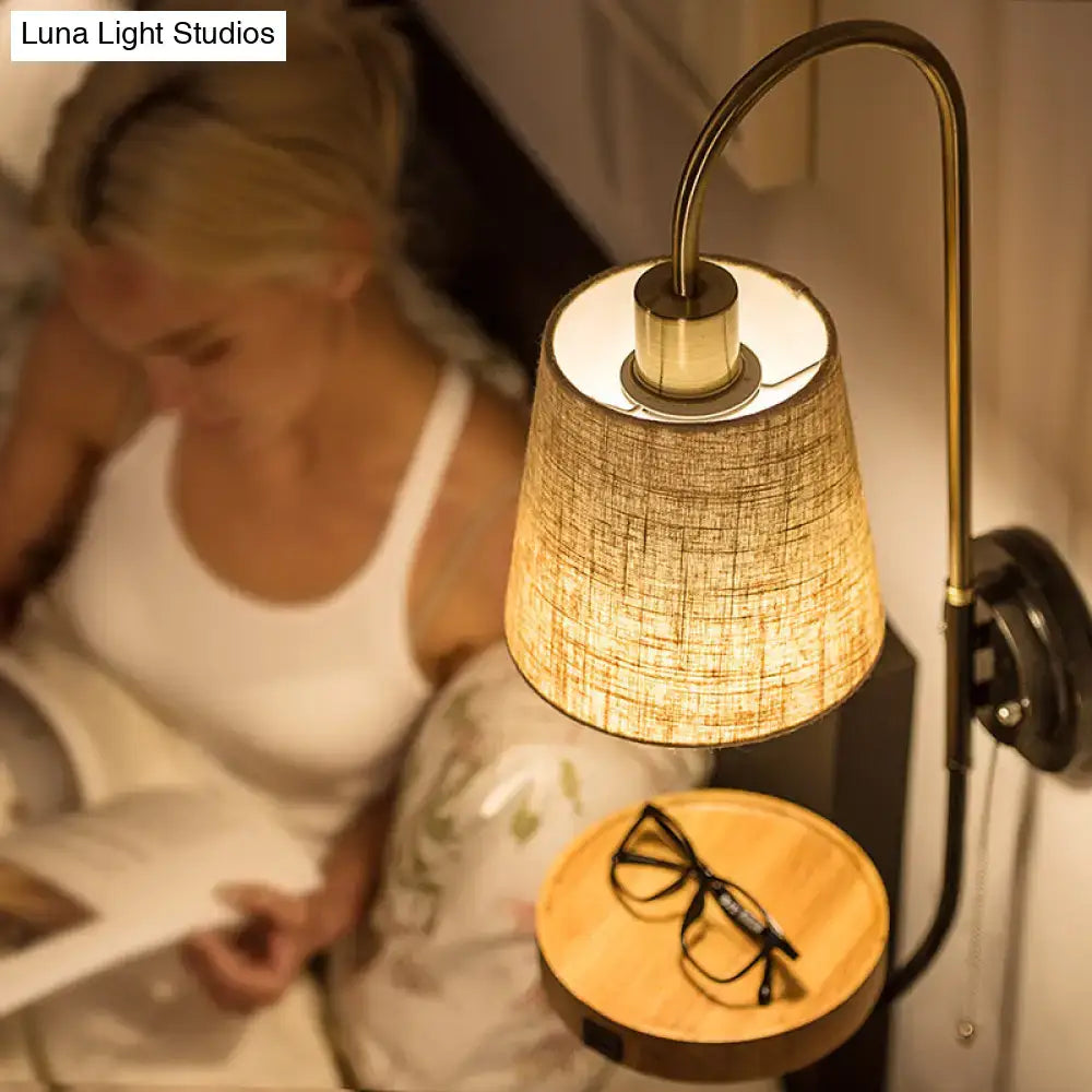 Modern conical fabric wall mount lamp with wood shelf bedroom light