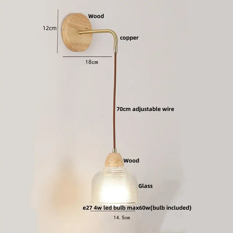 Modern copper and wood wall sconce with clear glass pull chain switch