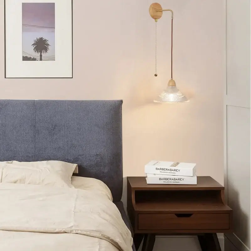 Modern copper and wood wall sconce with clear glass pull chain switch