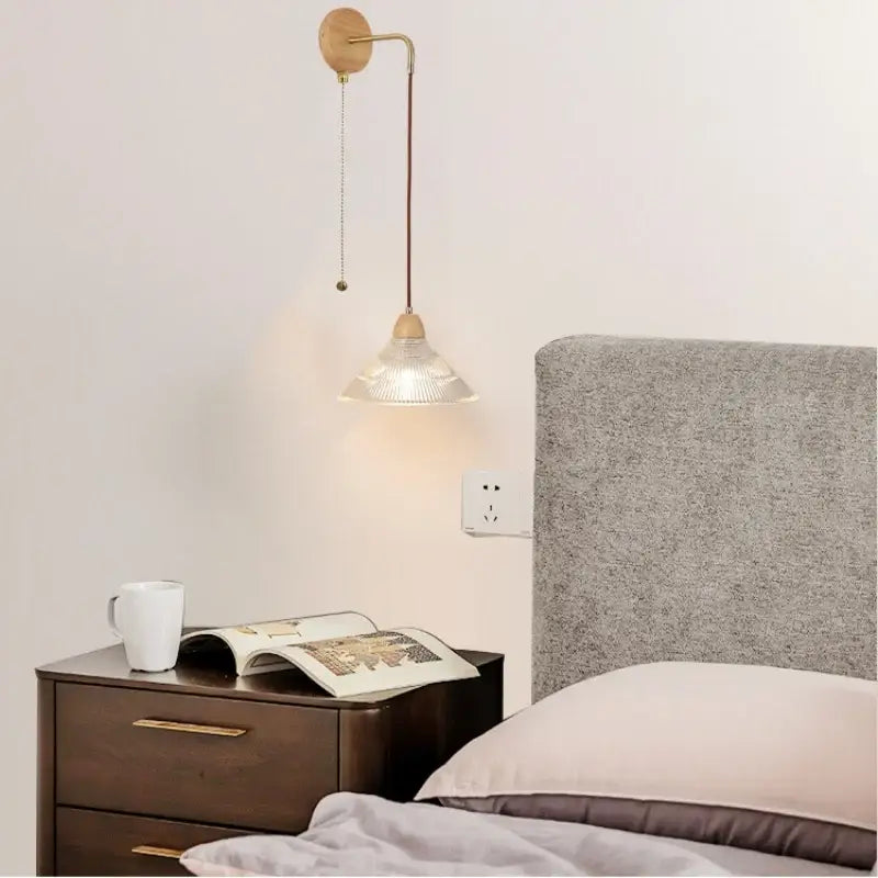 Modern copper and wood wall sconce with clear glass pull chain switch