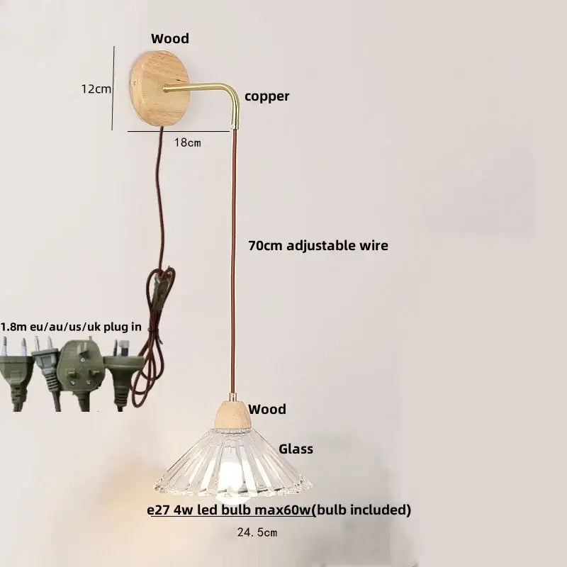 Modern copper and wood wall sconce with clear glass pull chain switch