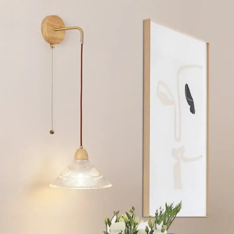 Modern copper and wood wall sconce with clear glass pull chain switch