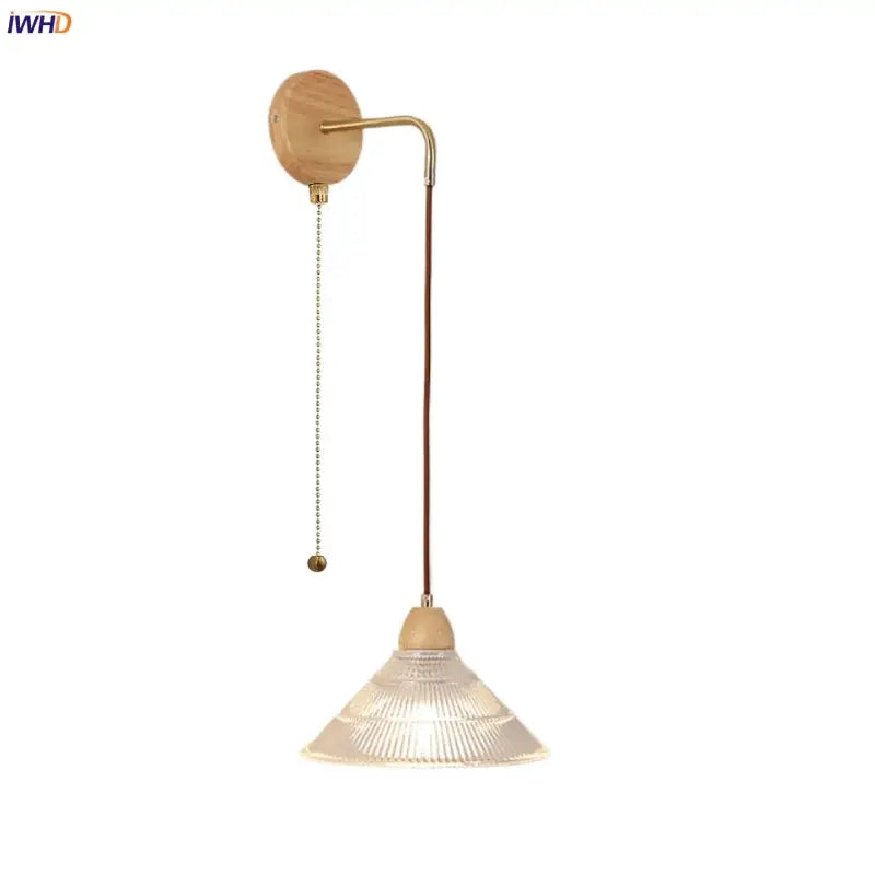 Modern copper and wood wall sconce with clear glass pull chain switch