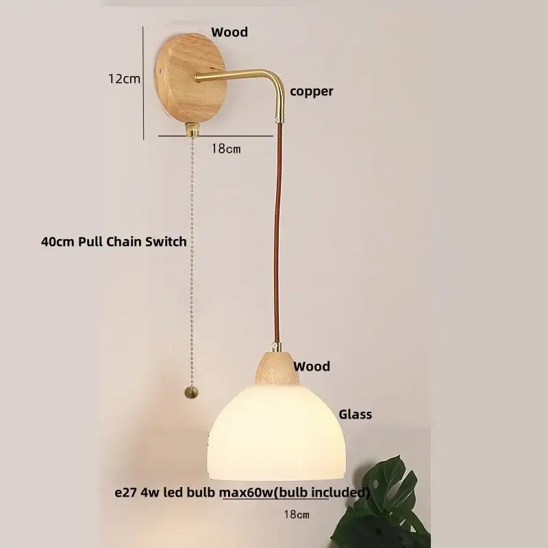 Modern copper and wood wall sconce with clear glass pull chain switch