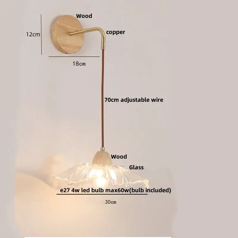 Modern copper and wood wall sconce with clear glass pull chain switch