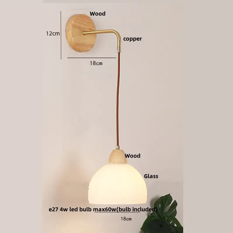 Modern copper and wood wall sconce with clear glass pull chain switch