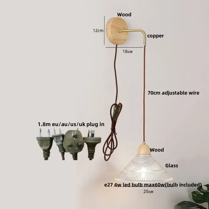 Modern copper and wood wall sconce with clear glass pull chain switch