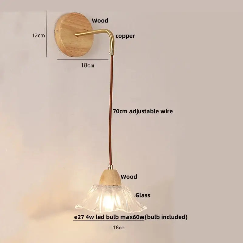 Modern copper and wood wall sconce with clear glass pull chain switch